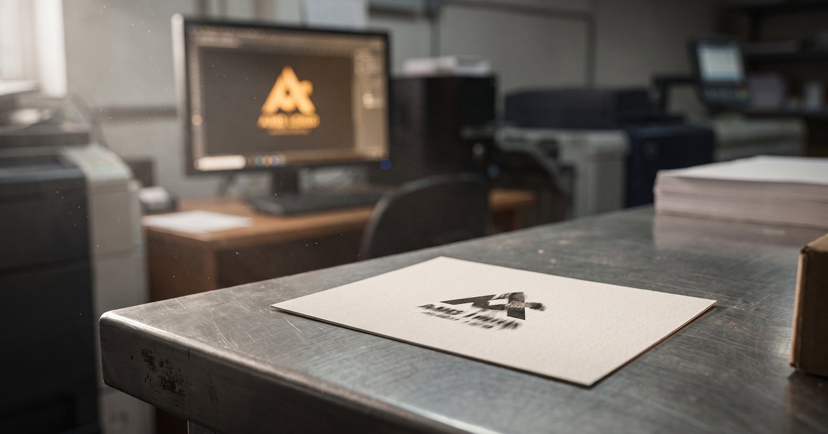Cartão de visita recém impresso sobre a bancada de uma gráfica, com o logo impresso visivelmente diferente do que aparece na tela do computador ao fundo