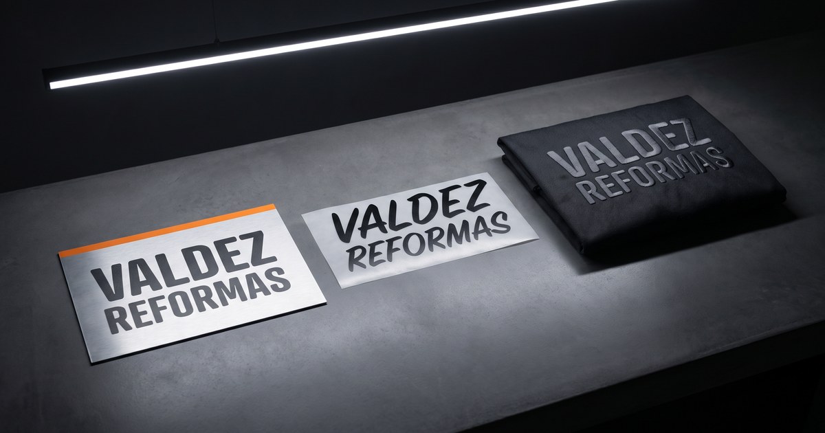 Três objetos lado a lado sobre concreto polido escuro: uma placa de obra de alumínio, um adesivo de vinil recortado e um pedaço de tecido de uniforme bordado, os três com o mesmo nome inventado VALDEZ REFORMAS escrito em três letreiramentos diferentes